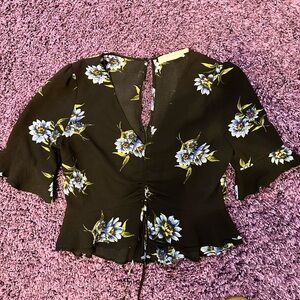 Black floral blouse with tie front detail